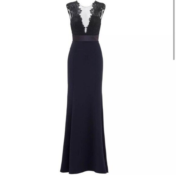 Theia Sheath Gown Maxi Blue Lace Ribbon Waistline Evening Formal Size 2 Wedding - Picture 6 of 9